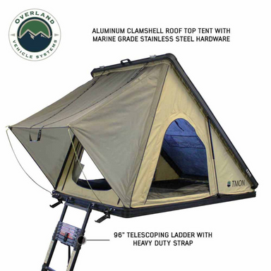 OVS LD TMON Clamshell Aluminum Hard Shell Roof Top Tent - 2 Person Capacity, Tan Body & Green Rainfly stainless steel hardware and telescoping ladder