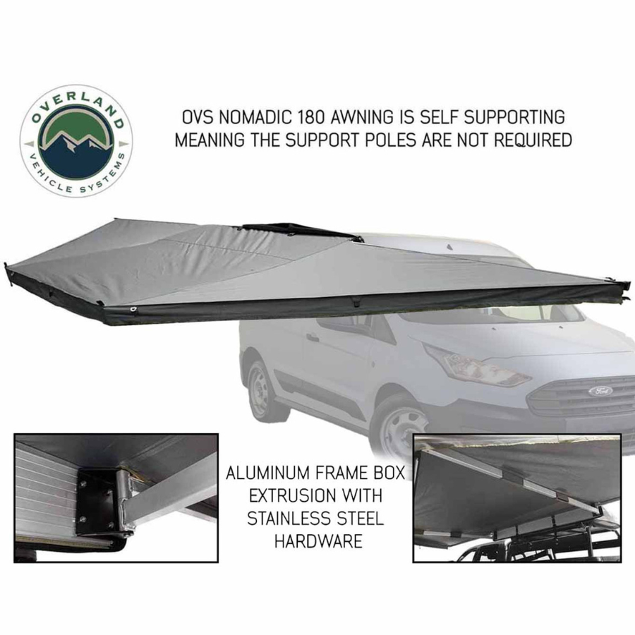 OVS HD Nomadic 180 Degree Awning with Bracket Kit for Mid - High Roofline Vans without telescoping poles deployed
