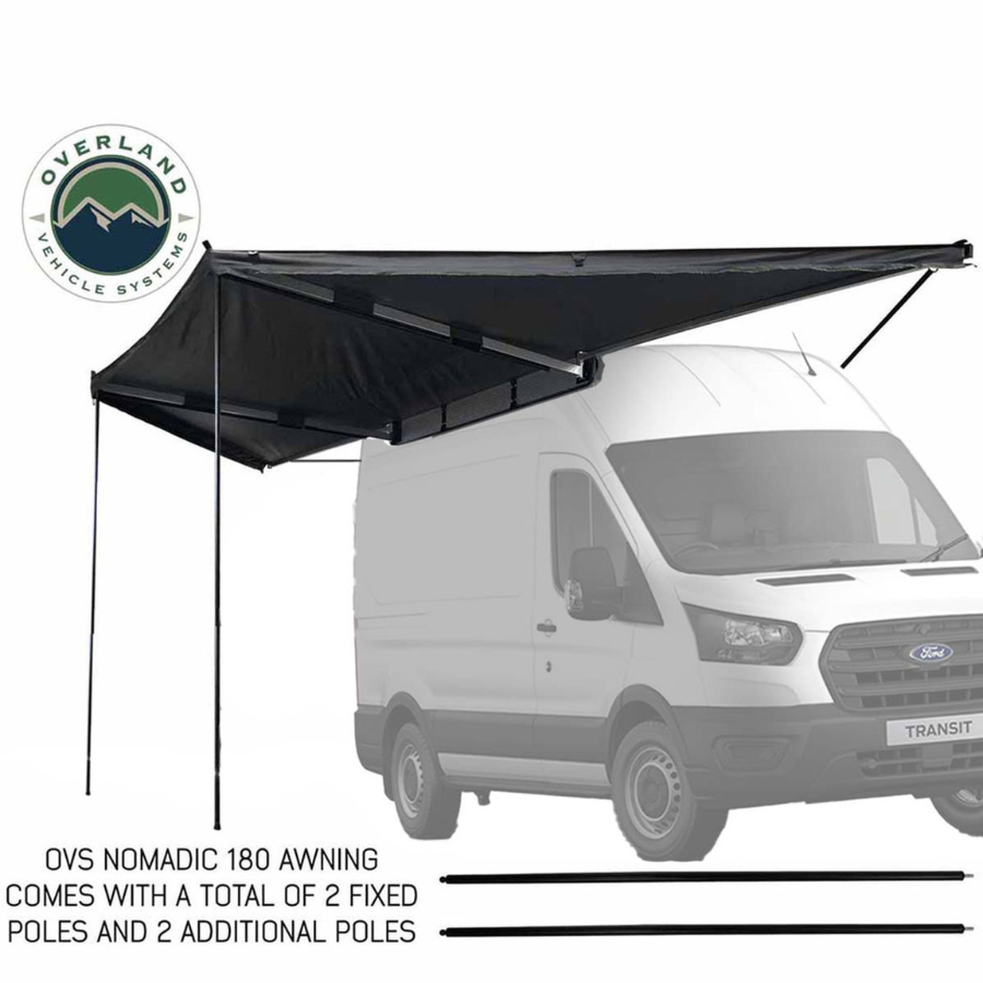 OVS HD Nomadic 180 Degree Awning with Bracket Kit for Mid - High Roofline Vans with telescoping poles deployed