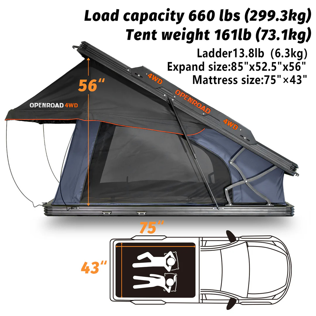 OPENROAD Aluminum Hard Shell Best Roof Top Tent-PeakRoof LT Series weights and dimensions