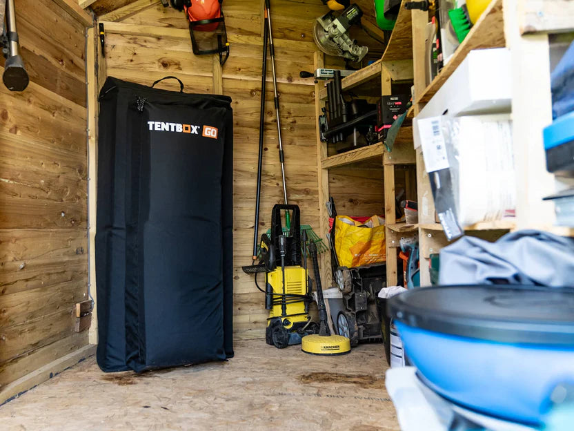 TentBox GO Storage Bag inside storage building