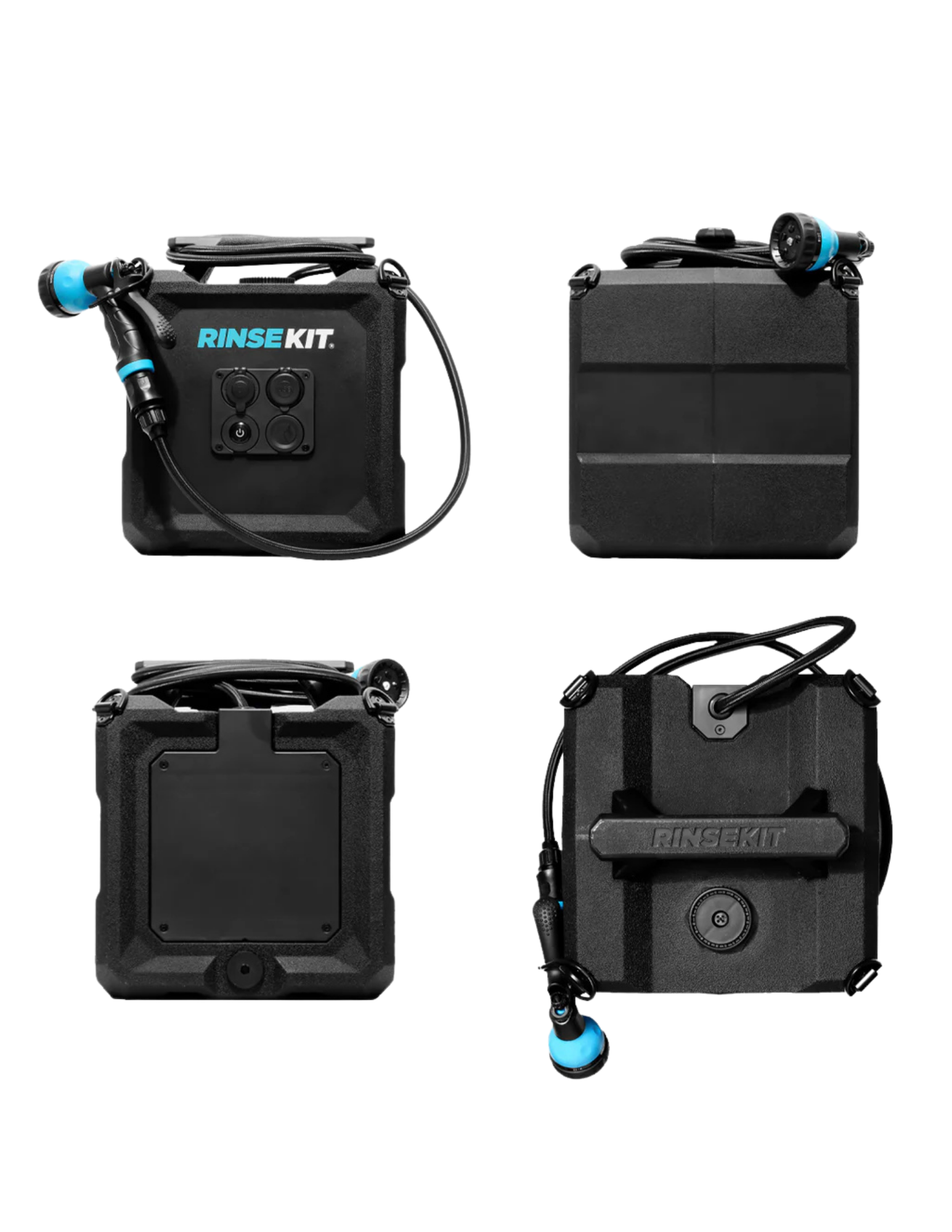 RinseKit Cube portable shower shown from multiple angles with spray hose and nozzle