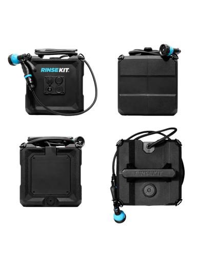 RinseKit Cube portable shower shown from multiple angles with spray hose and nozzle
