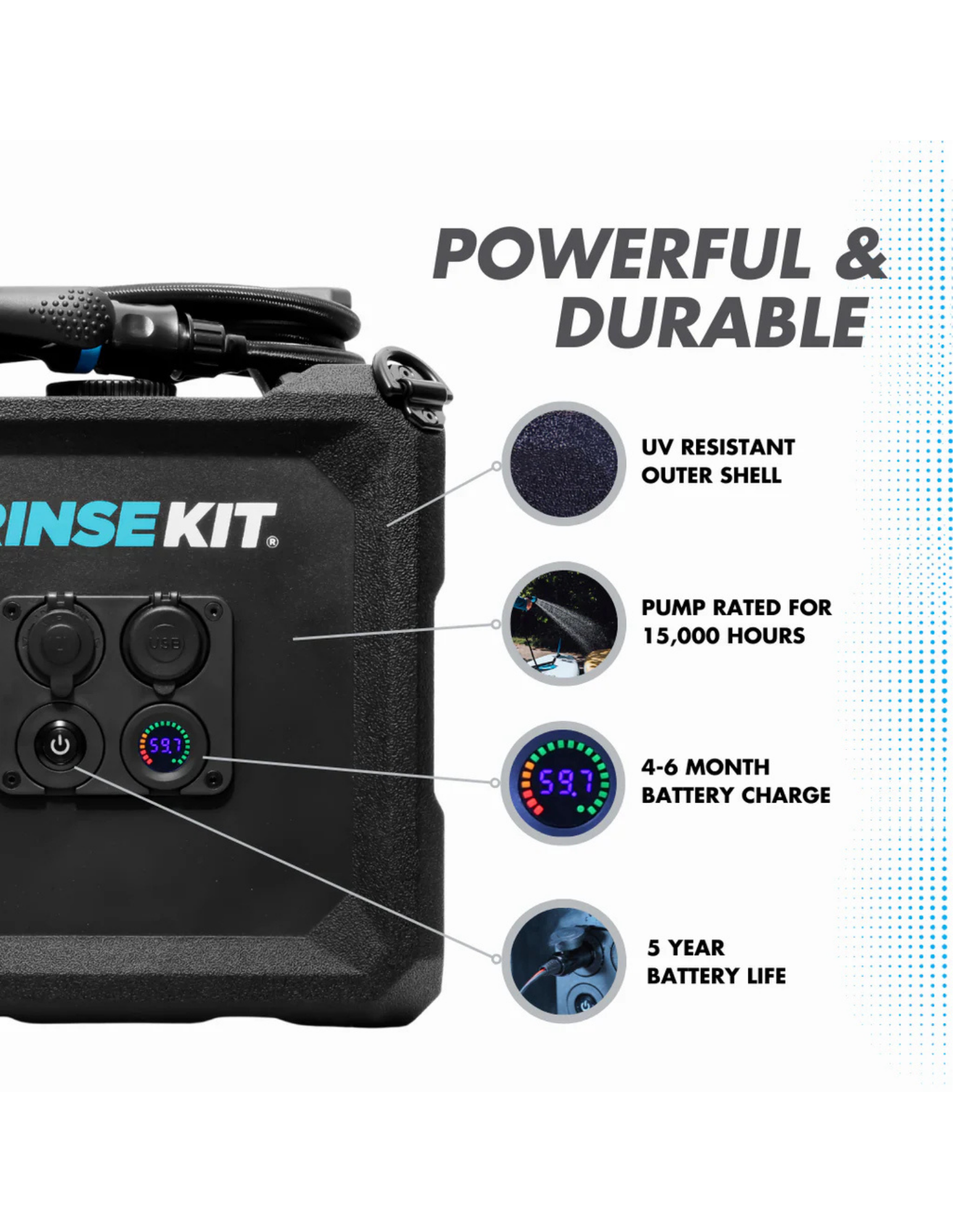 RinseKit Cube portable shower with UV resistant shell, long battery charge, and durable pump