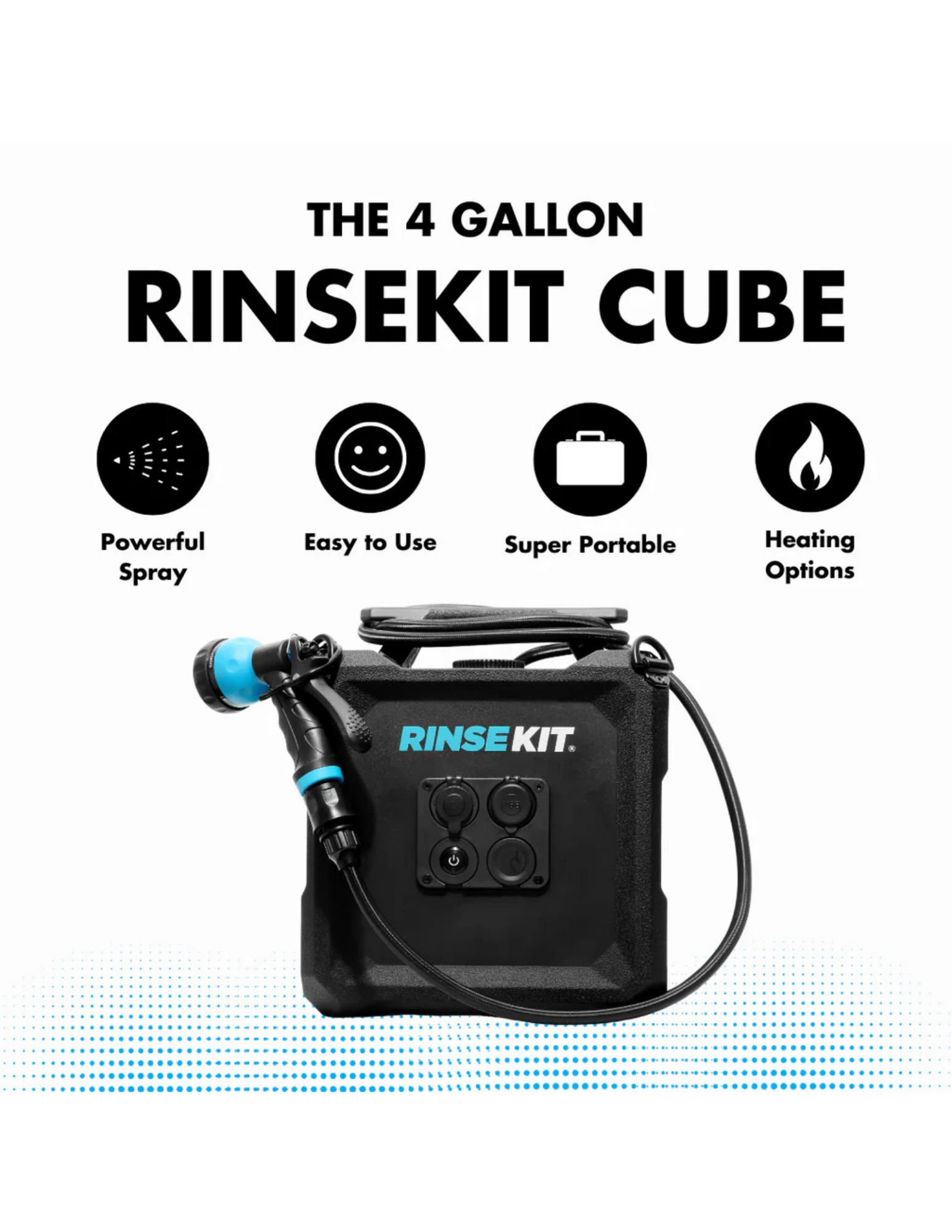 RinseKit 4 gallon Cube portable shower with powerful spray and heating options