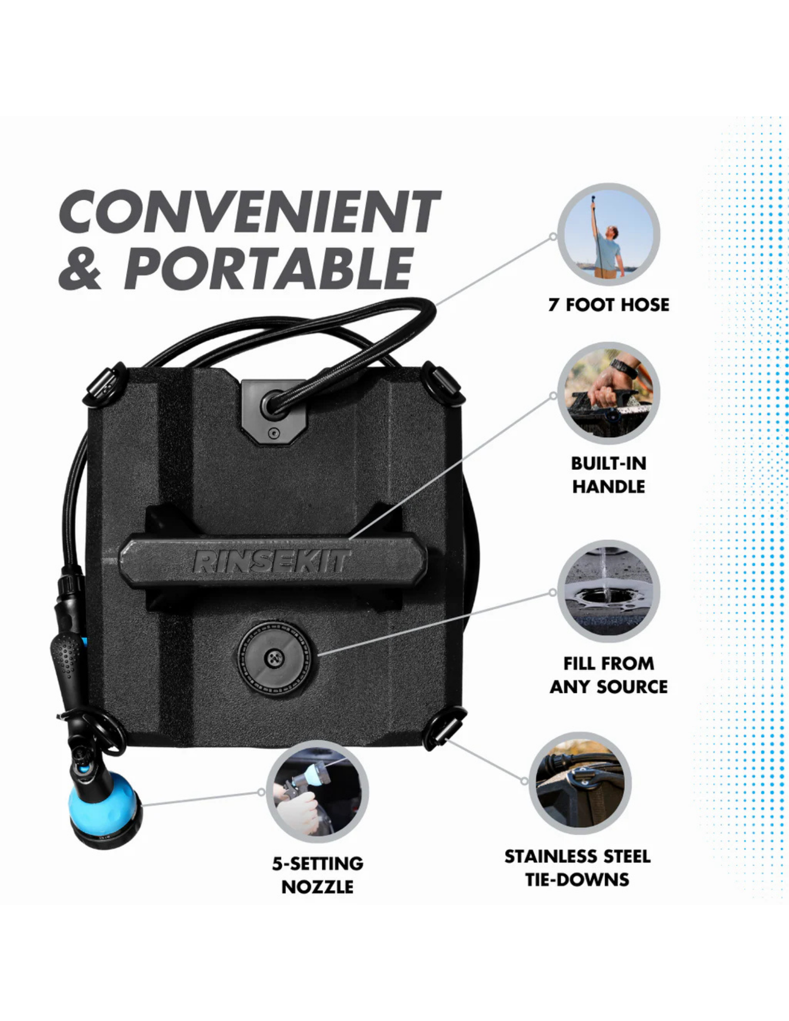 RinseKit Cube portable camping shower with 7 foot hose, built-in handle, and 5-setting nozzle