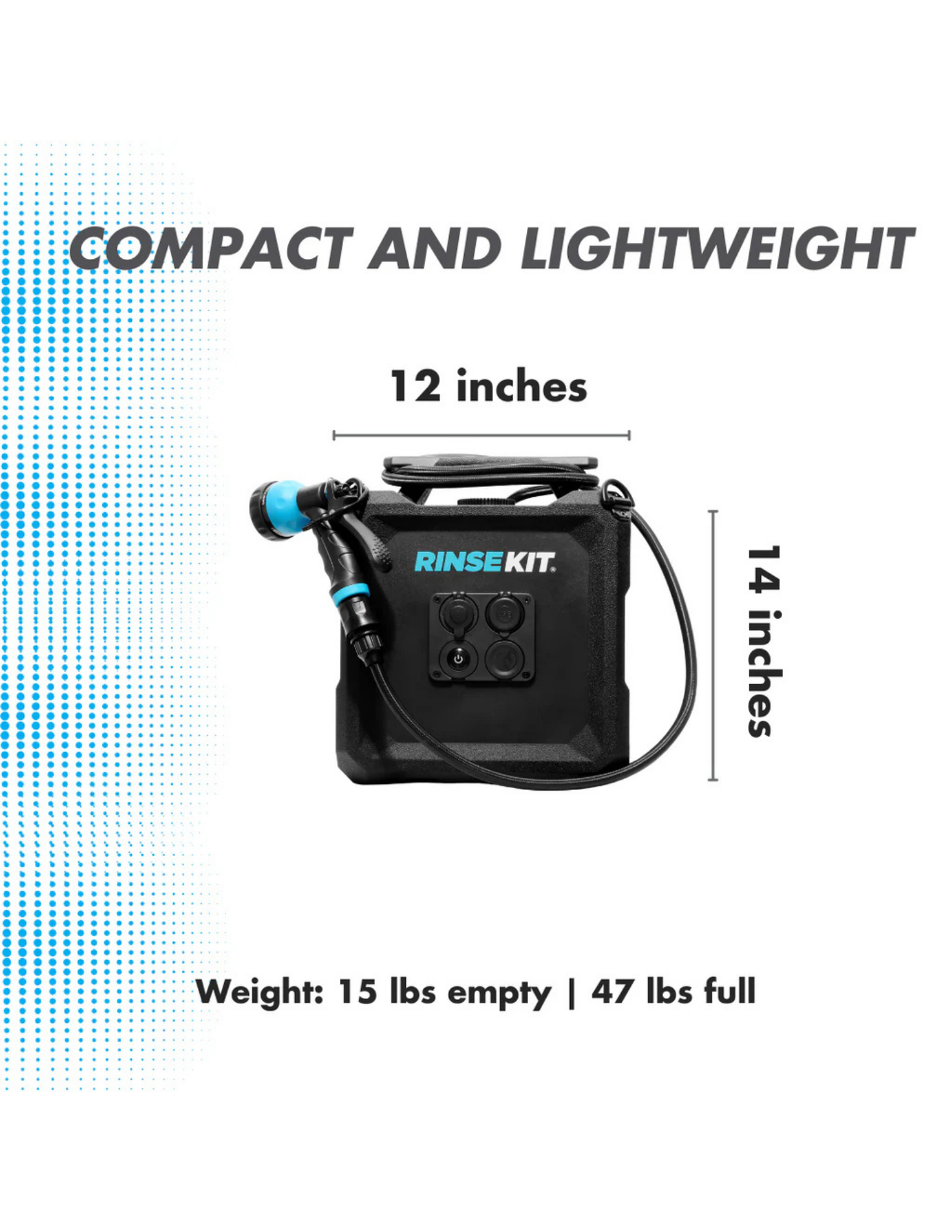 RinseKit Cube dimensions showing compact 12 inch by 14 inch portable shower size
