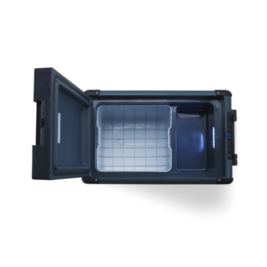 Blue cooler box with open door on a white background