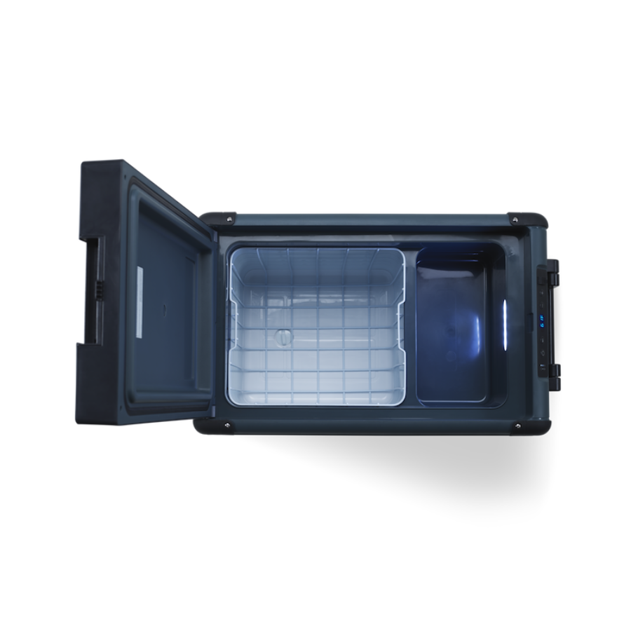 Blue cooler box with open door on a white background