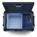Blue cooler box with open lid on a white background