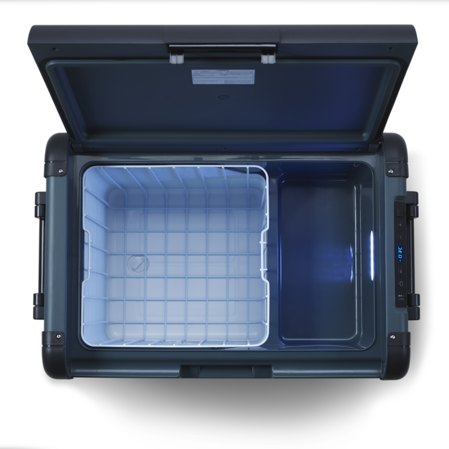 Blue cooler box with open lid on a white background