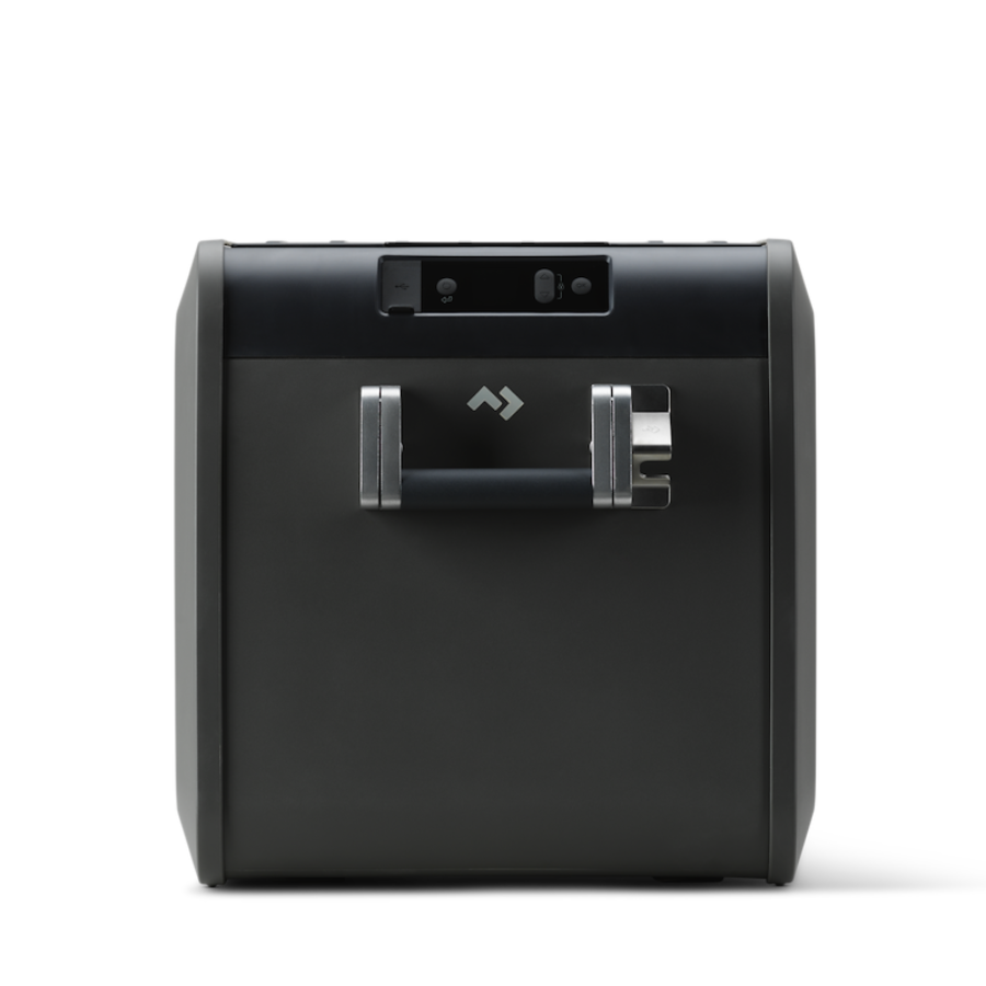 Black fridge with a handle on a white background
