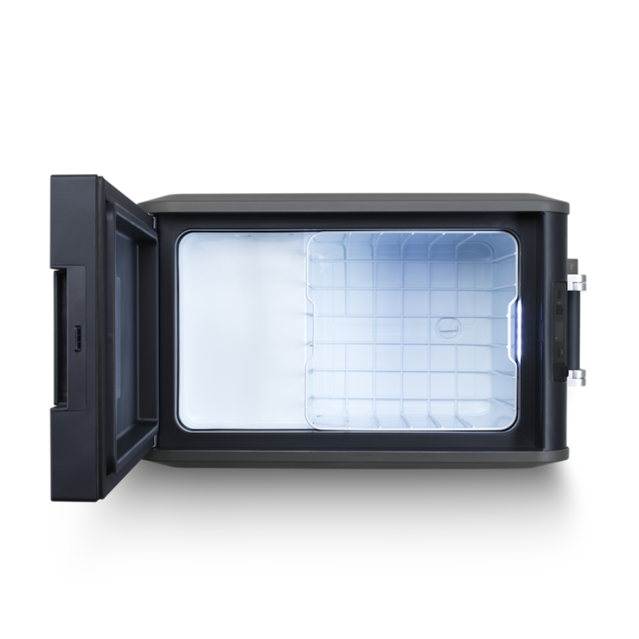 Black electronic device with a transparent front panel on a white background