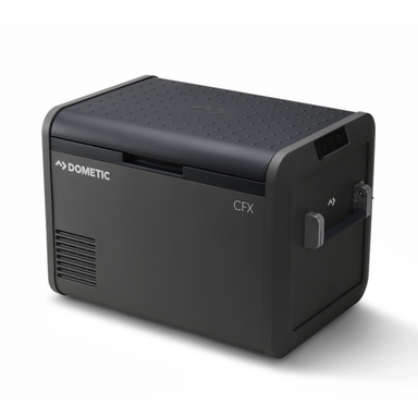 Black Dometic CFX portable refrigerator on a white background