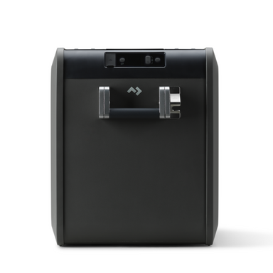 Black electronic fridge with a handle on a white background