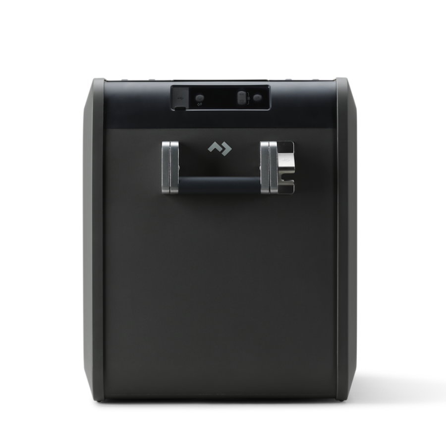 Black electronic fridge with a handle on a white background