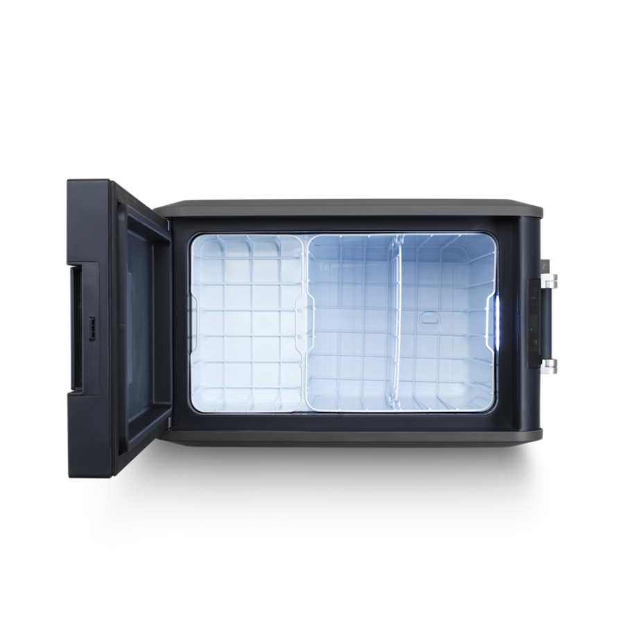 Black rectangular fridge with open door revealing inside