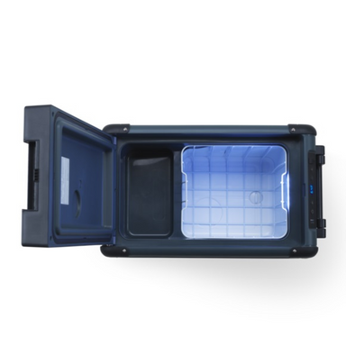 Blue cooler with open door on a white background