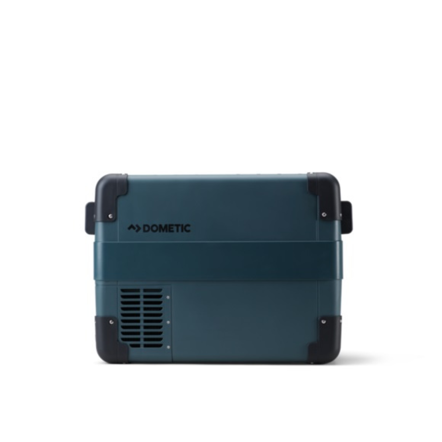 Blue Dometic electronic cooler on a white background