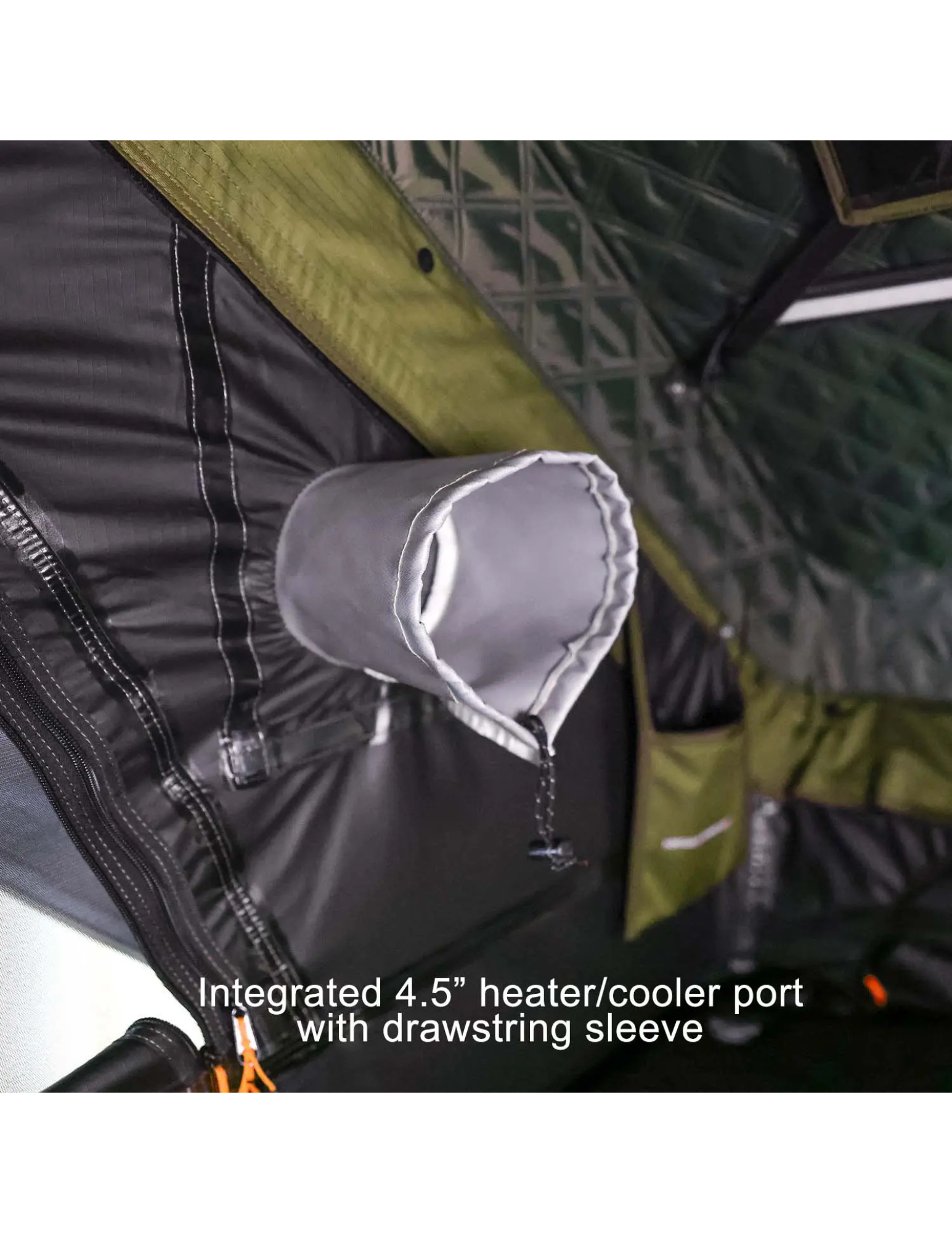 Integrated 4.5" heater/cooler port with drawstring sleeve in roof top tent