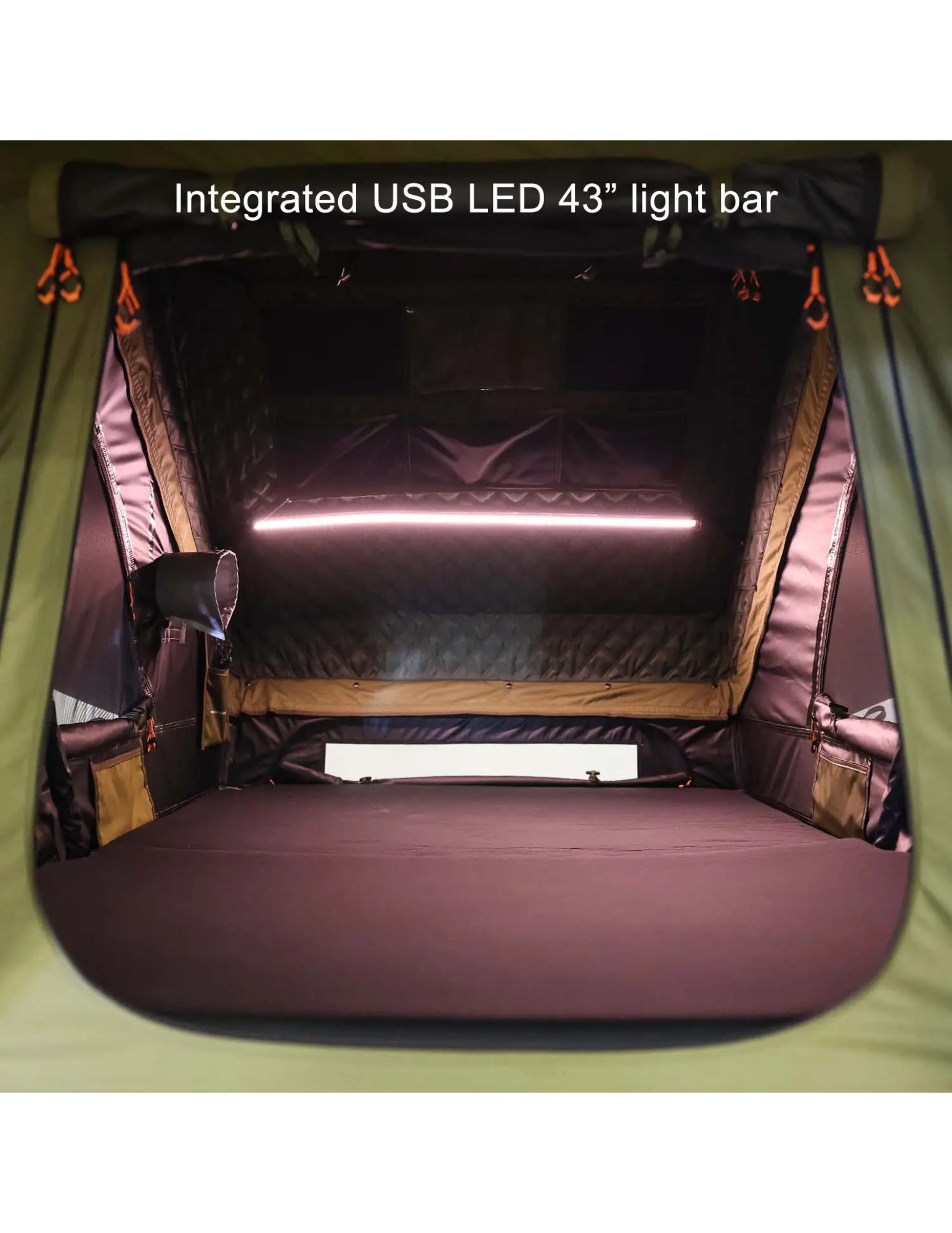 Camping tent interior with an integrated USB LED light bar.