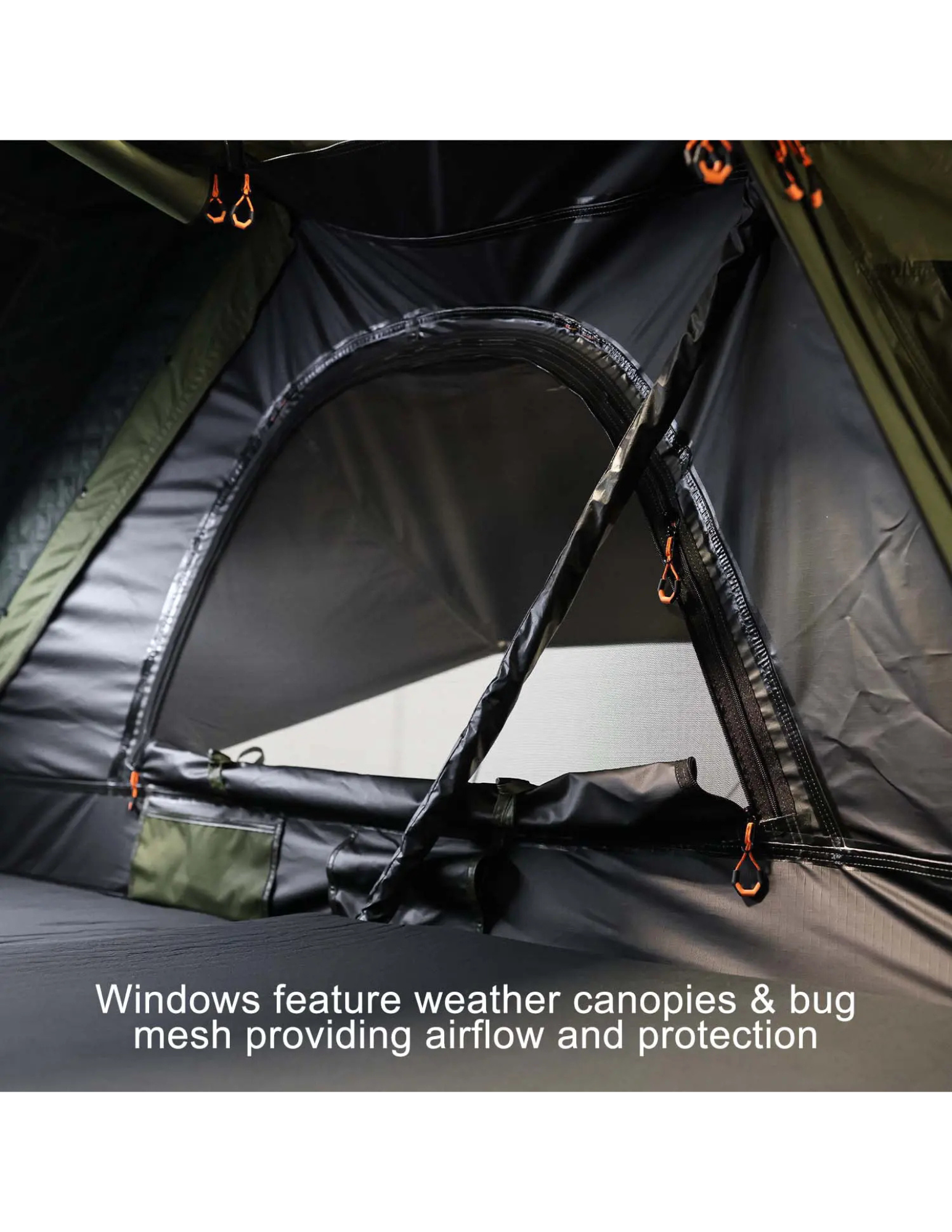 Camping tent window with weather canopies and bug mesh, featuring text on airflow and protection.