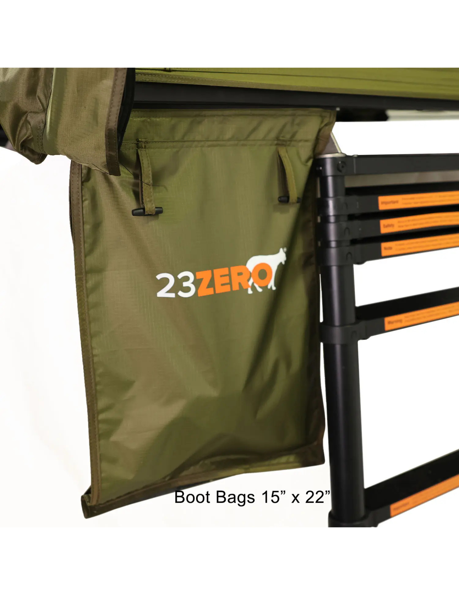 Green boot bag with '23Zero' logo attached to a black and orange ladder on a white background.