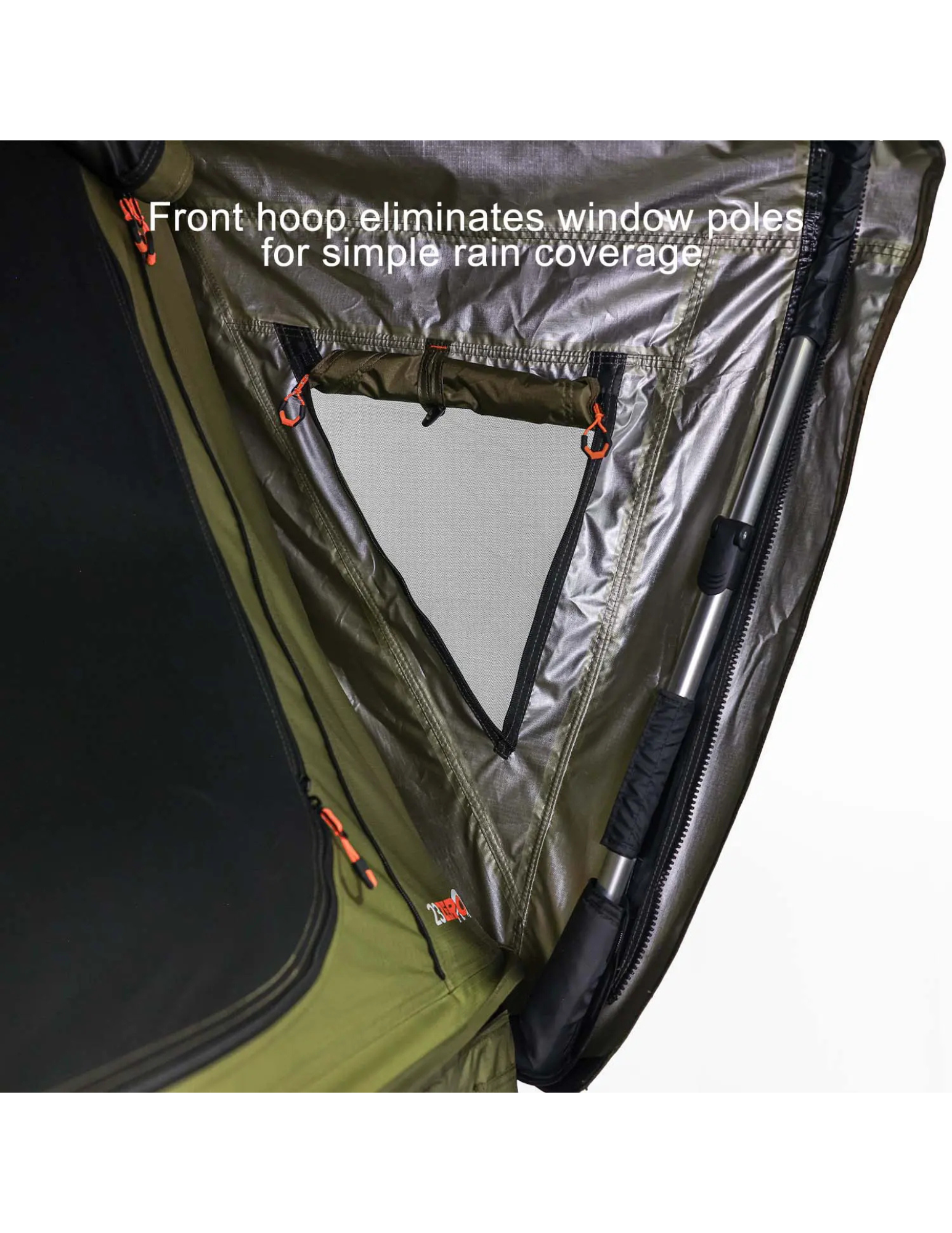 Camping tent with front hoop for rain coverage on a white background