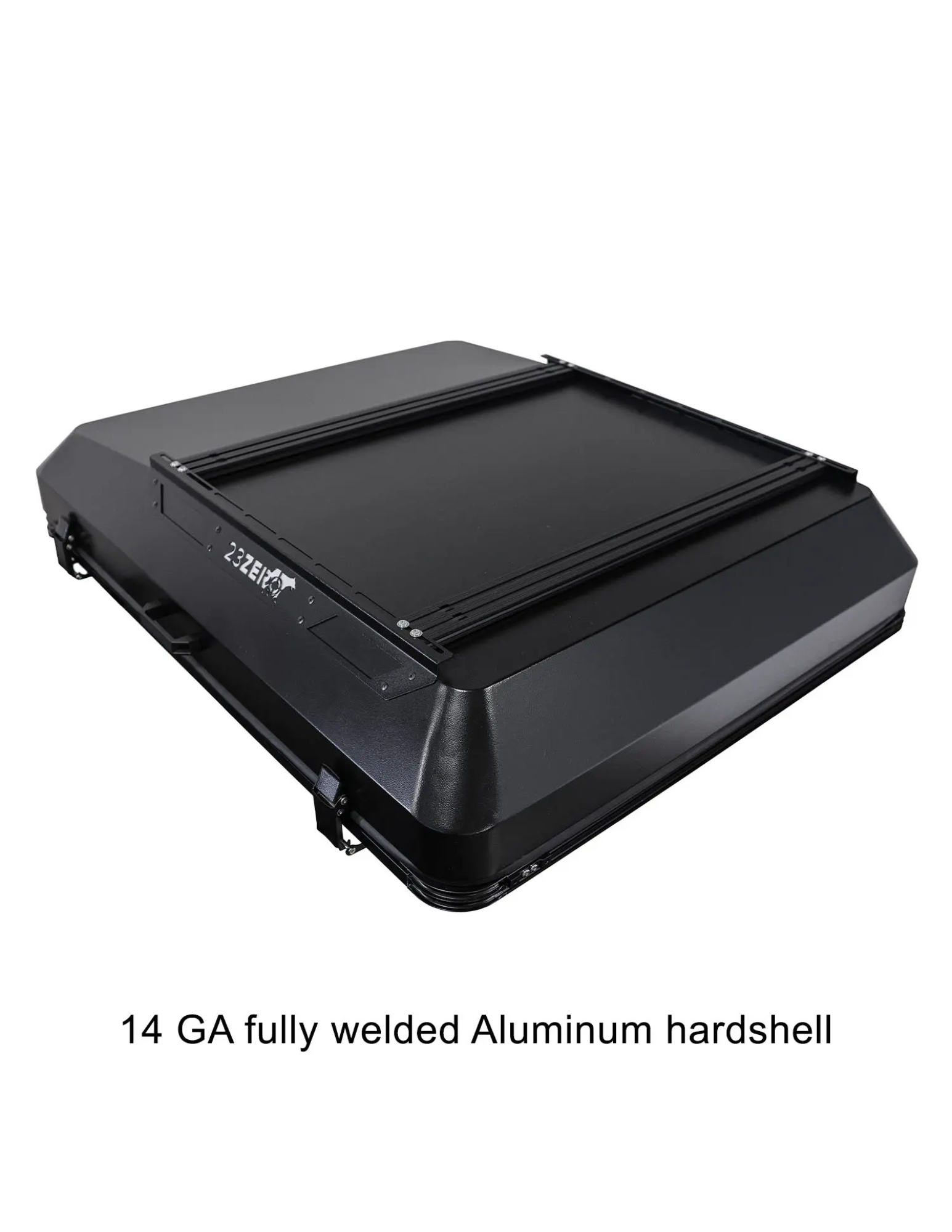 Black roof top tent with 14 GA fully welded aluminum hardshell on a white background