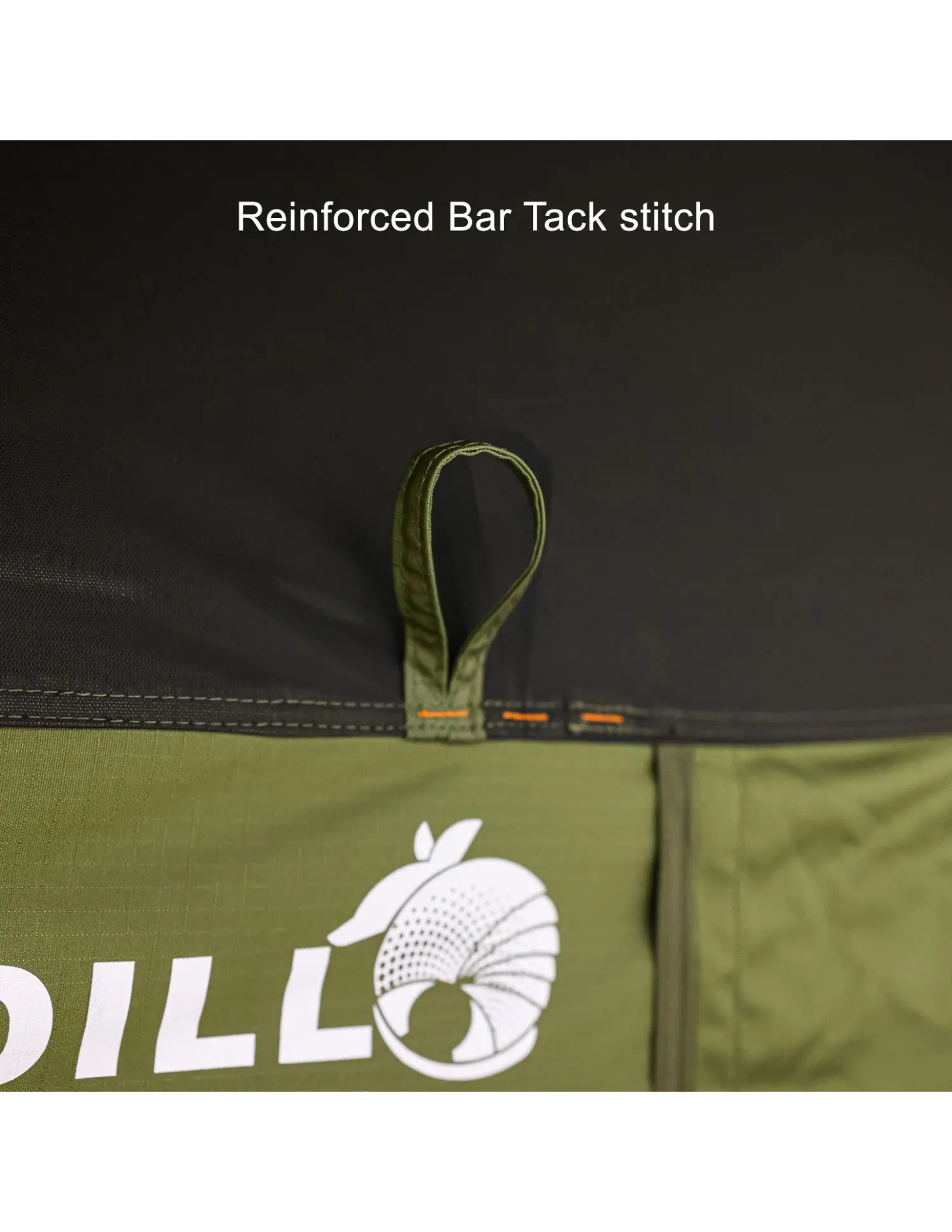 Close-up of reinforced bar tack stitch.
