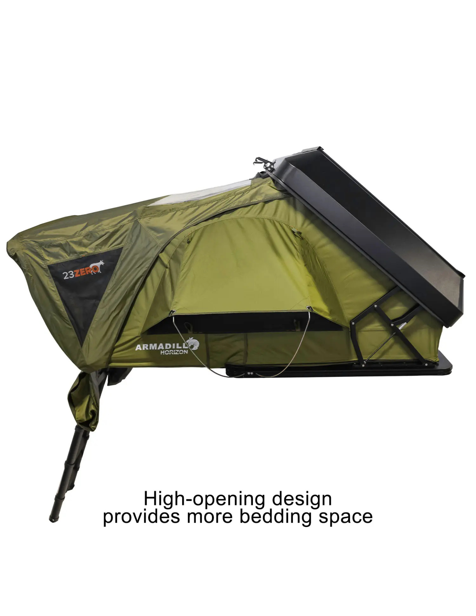 Green rooftop tent with high-opening design on a white background