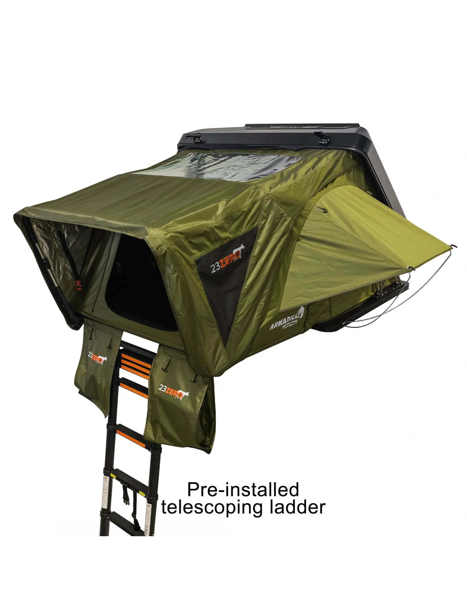 Green rooftop tent with pre-installed telescoping ladder on a white background
