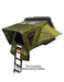 Green rooftop tent with pre-installed telescoping ladder on a white background