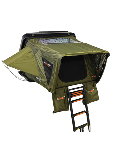 Green rooftop tent with ladder on a white background