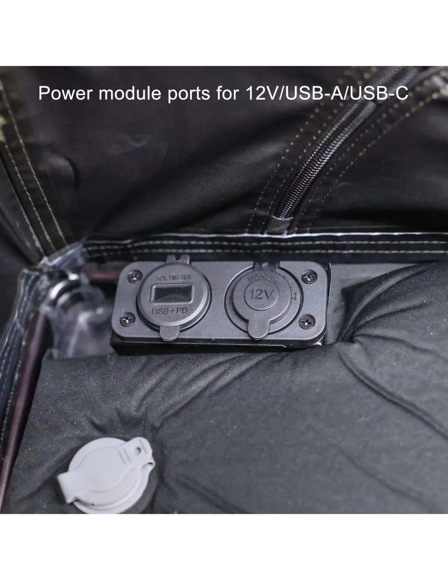 Power module ports for 12V/USB-A/USB-C inside roof top tent 