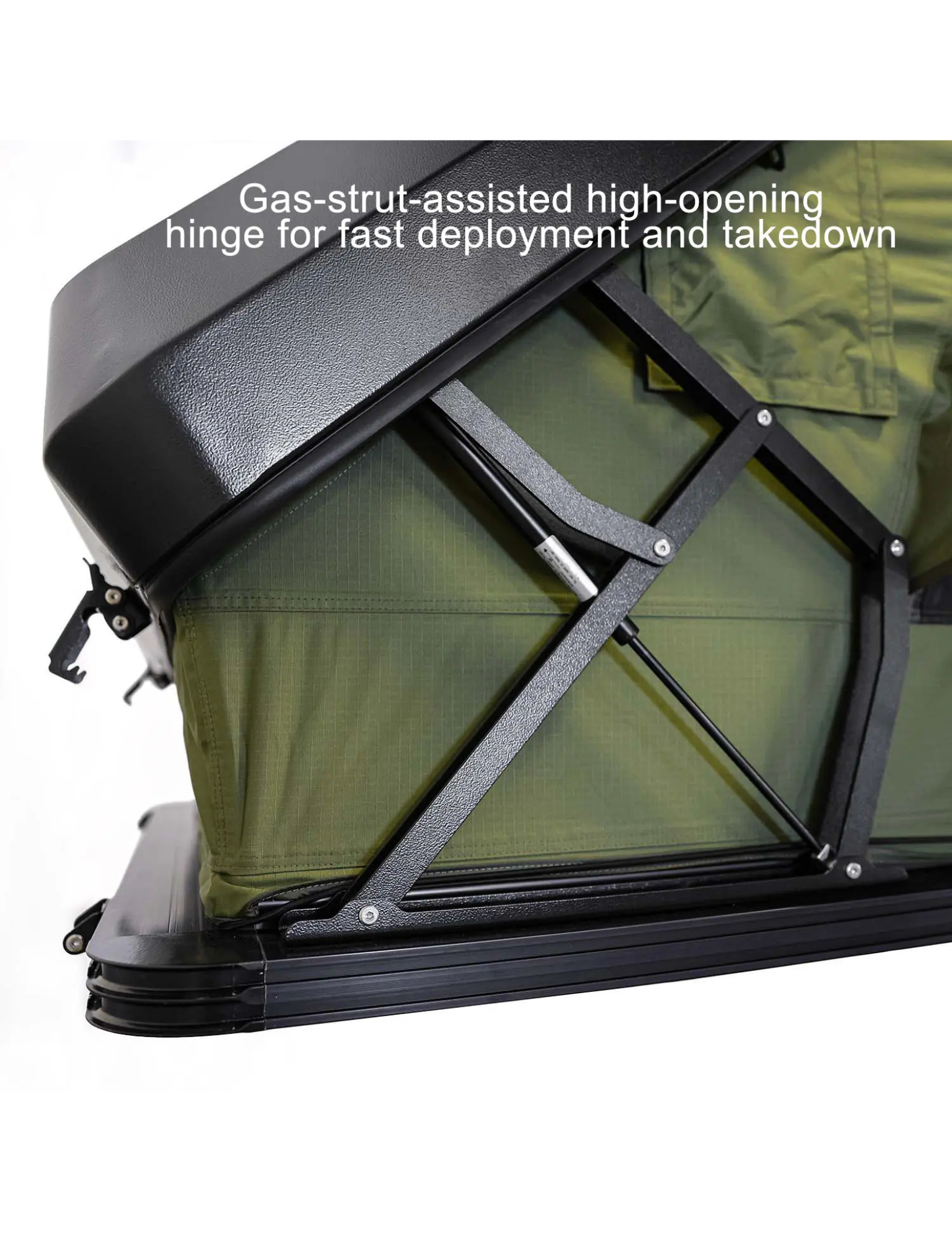 Green roof top tent with gas-strut-assisted high-opening hinge on a white background