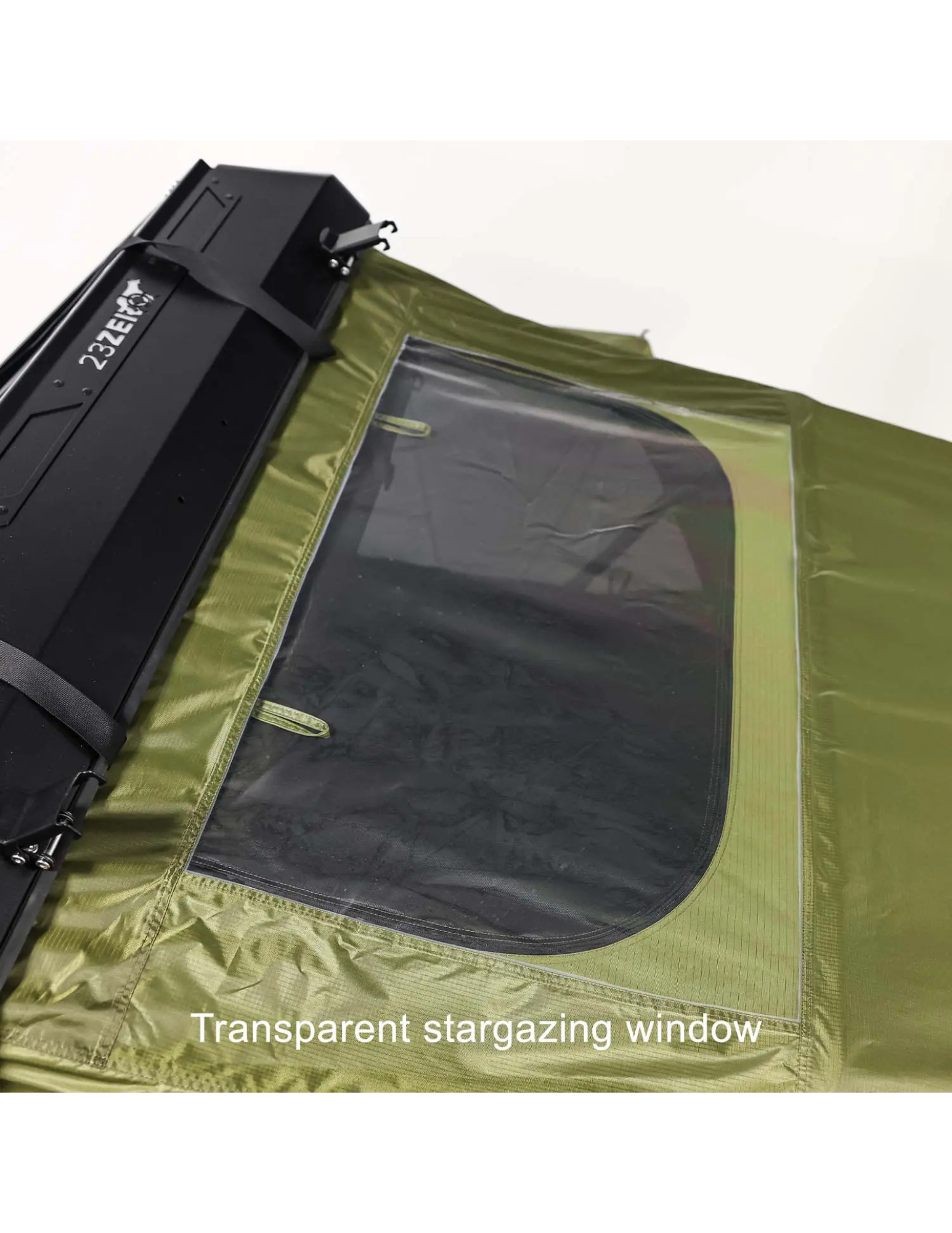 Green tent with a transparent stargazing window on a white background