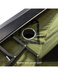 Close-up of a green tent with a heater and cooler port feature.