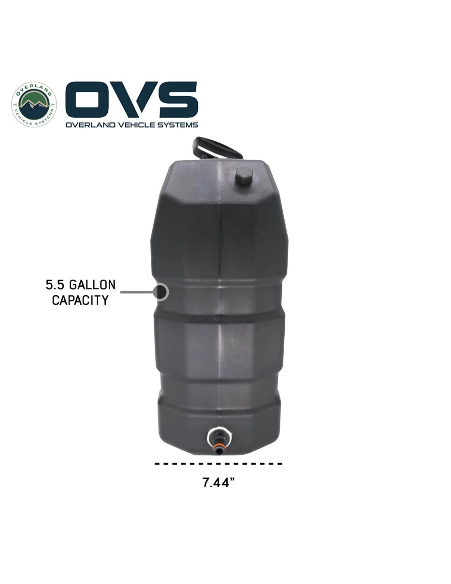OVS 5.5 gallon portable water tank side view with compact 7.44 inch width for vehicle camping