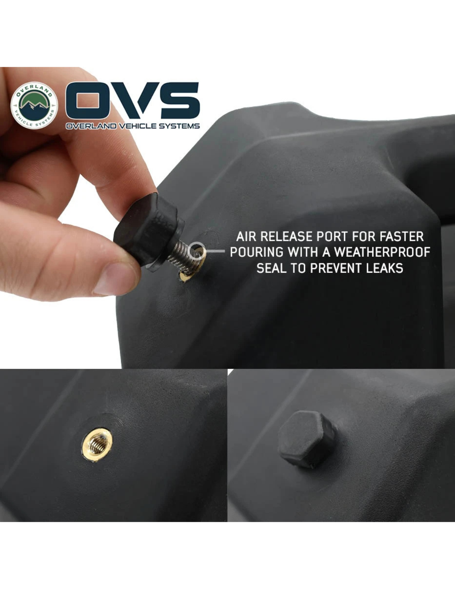 OVS portable water tank air release port with weatherproof seal for faster pouring and leak prevention