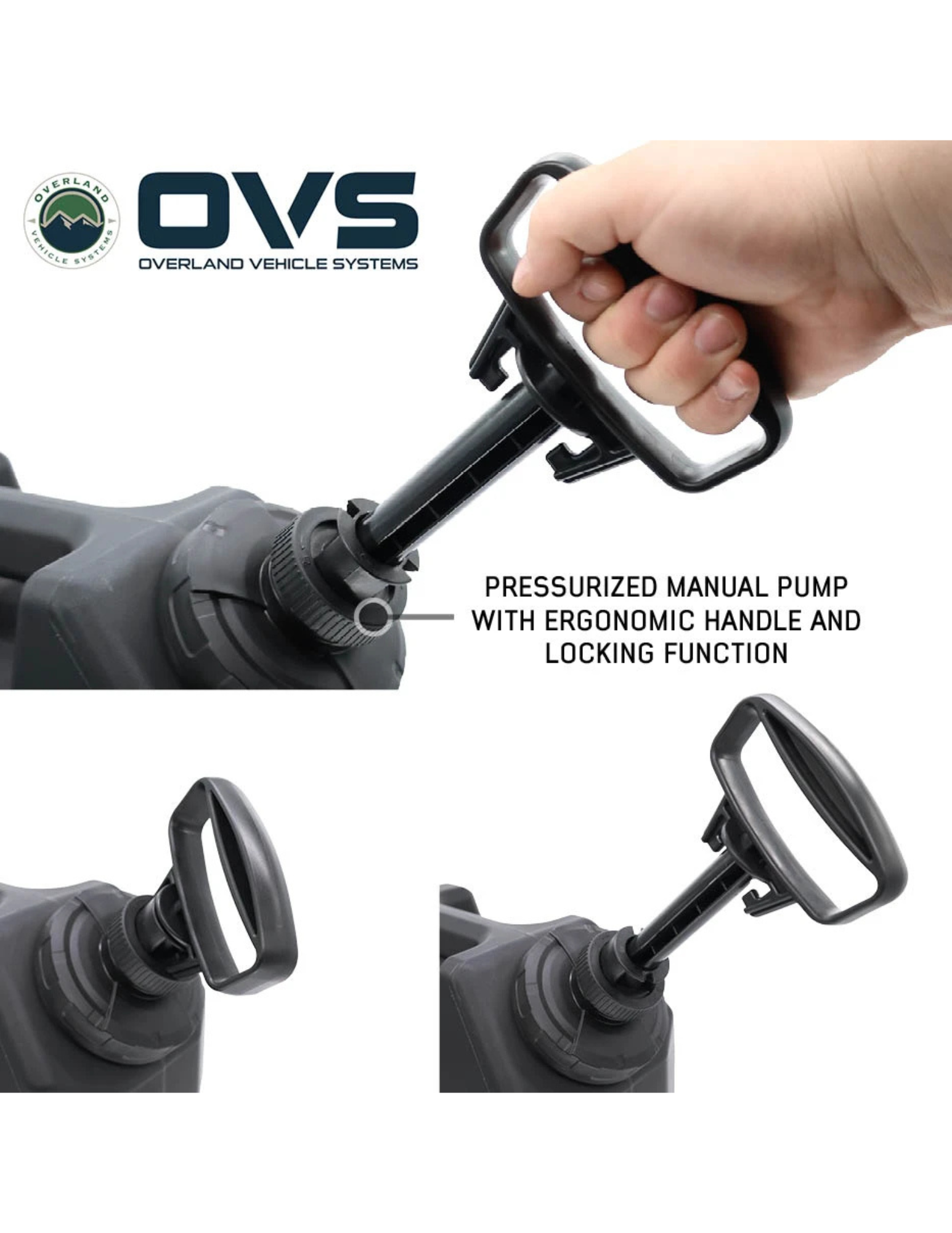 Pressurized manual pump with ergonomic locking handle on OVS portable water tank shower system