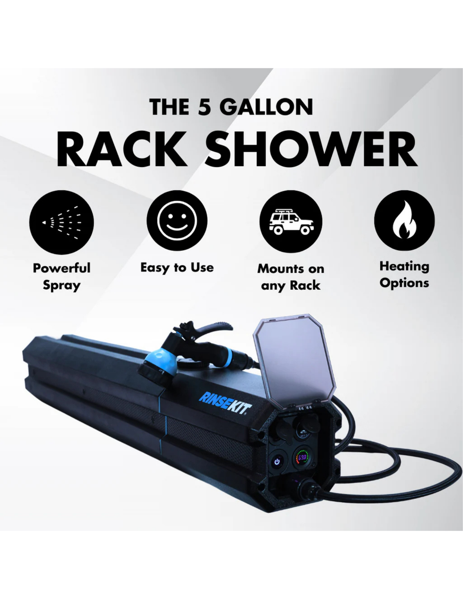 RinseKit 5 gallon rack shower product graphic with powerful spray and heating options
