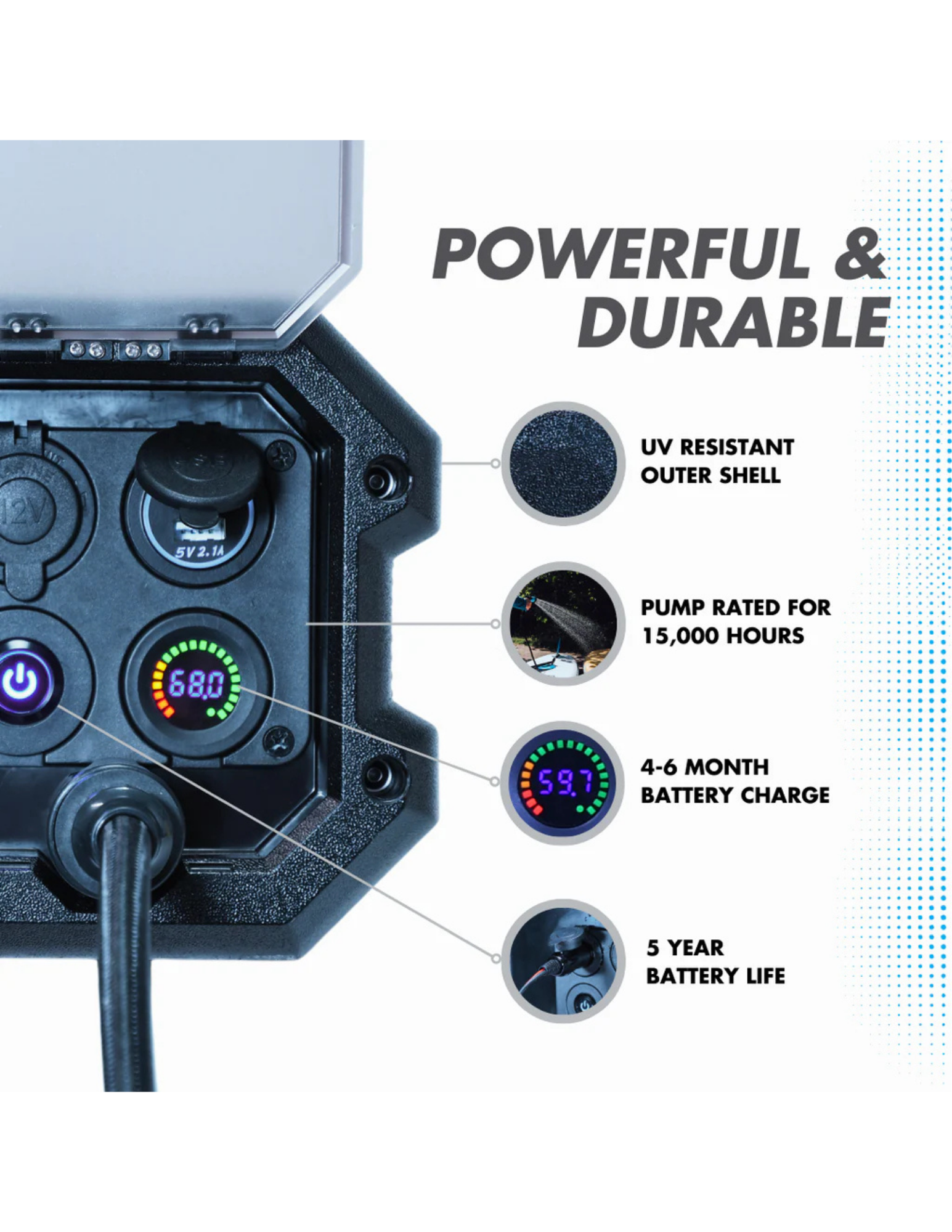 RinseKit rack shower control panel with UV resistant shell, long battery life, and durable pump