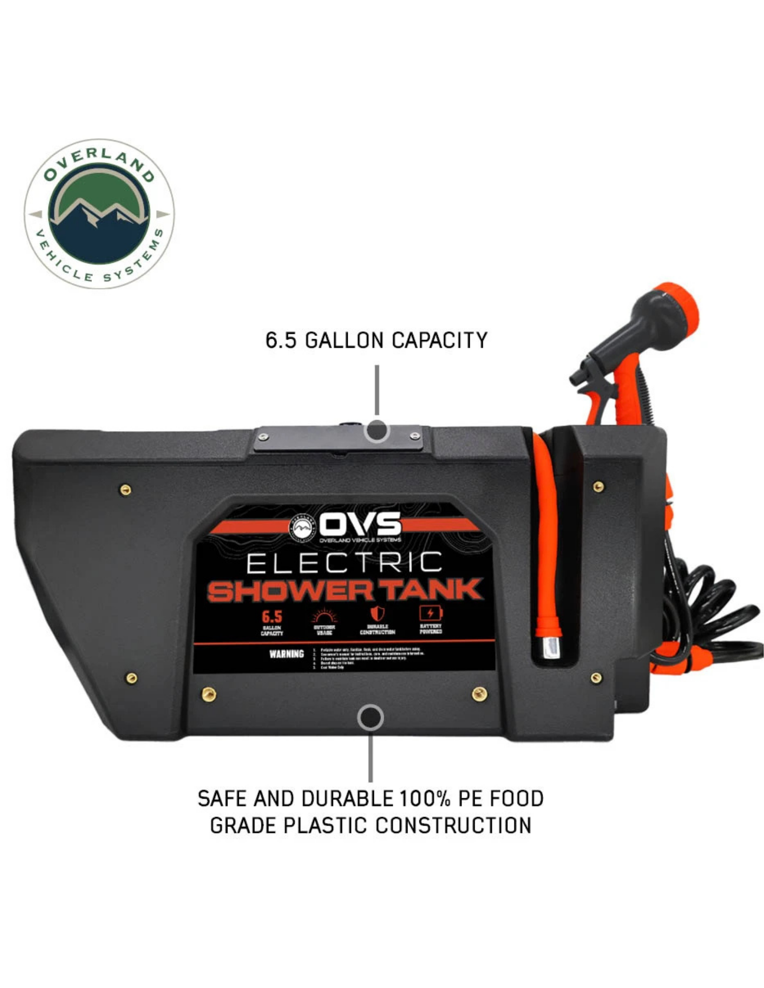 OVS 6.5 gallon electric shower tank with food grade plastic construction for camping and overlanding