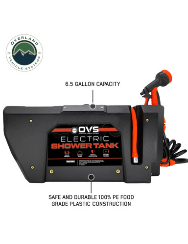 OVS 6.5 gallon electric shower tank with food grade plastic construction for camping and overlanding