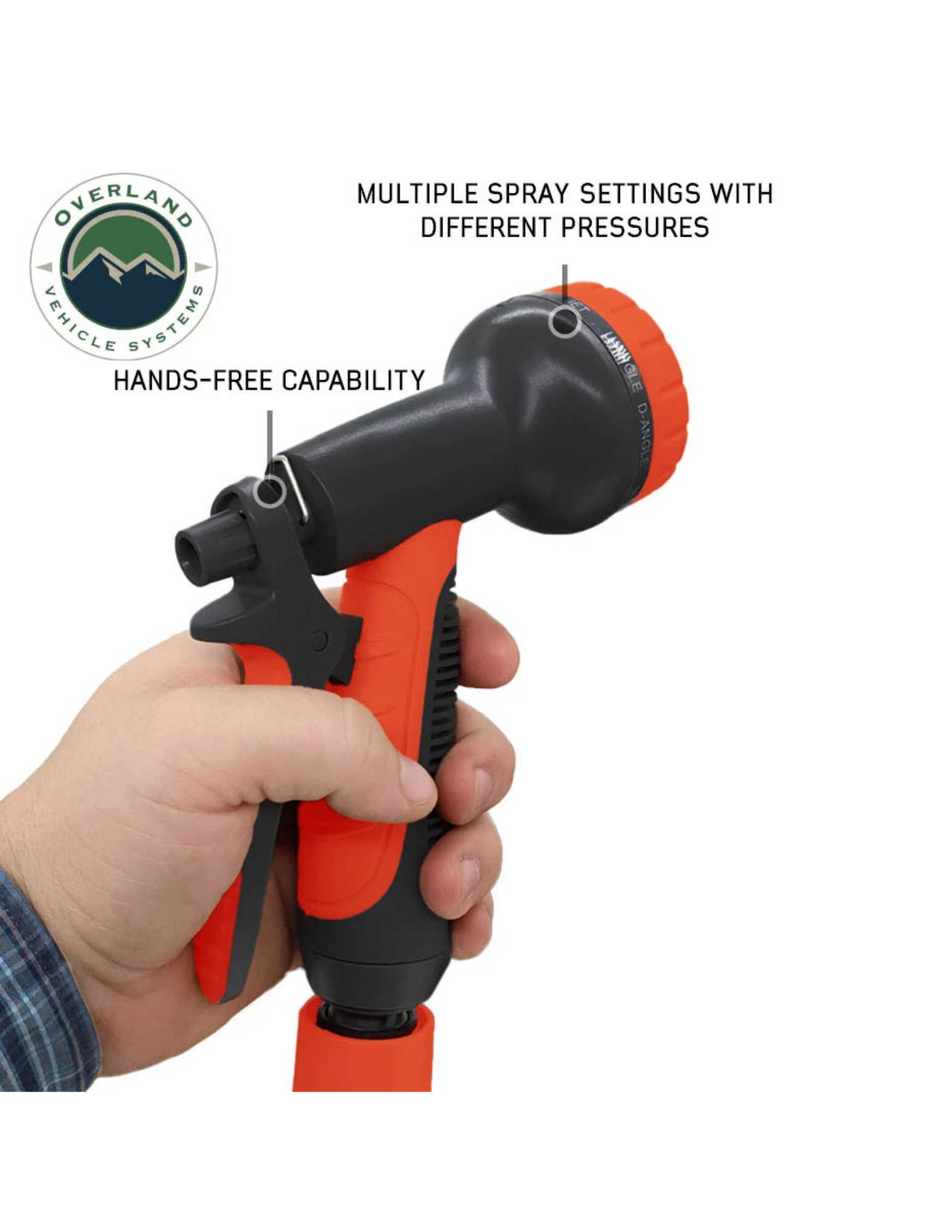 OVS electric shower tank handheld spray nozzle with multiple pressure settings and hands-free capability