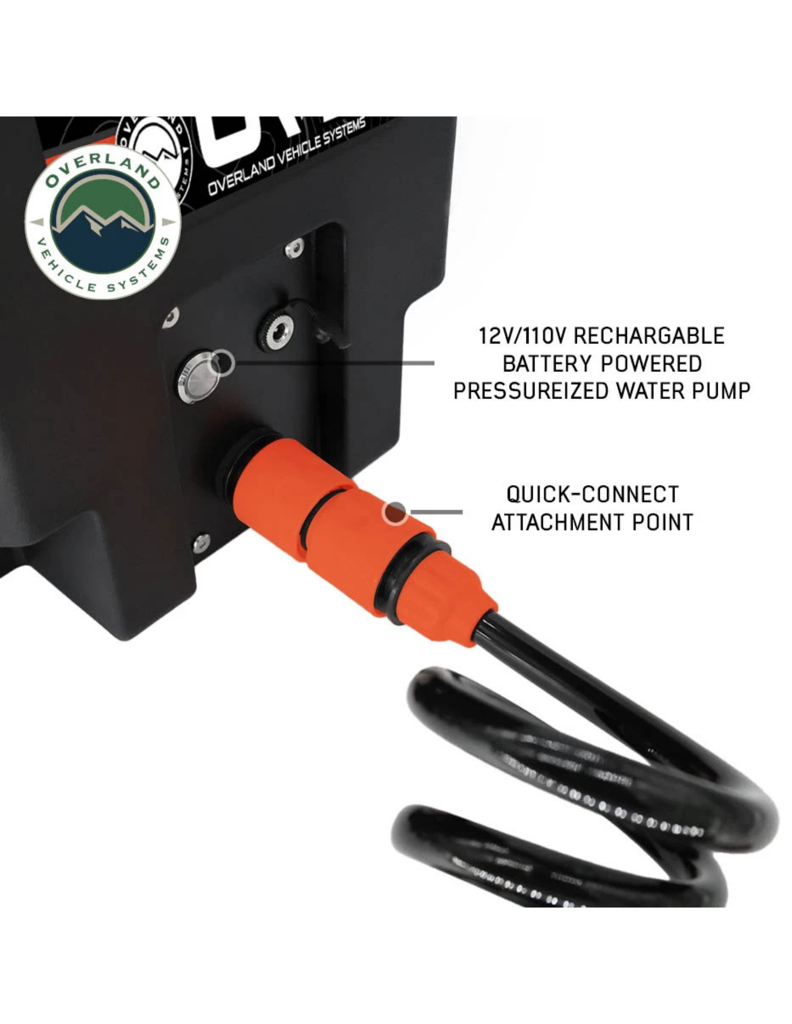 OVS electric shower tank rechargeable battery powered pump with quick-connect hose attachment