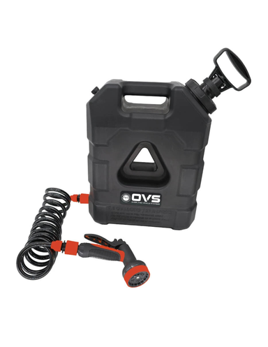 OVS 5.5 gallon portable pressurized water tank with shower hose and spray nozzle for overlanding and camping
