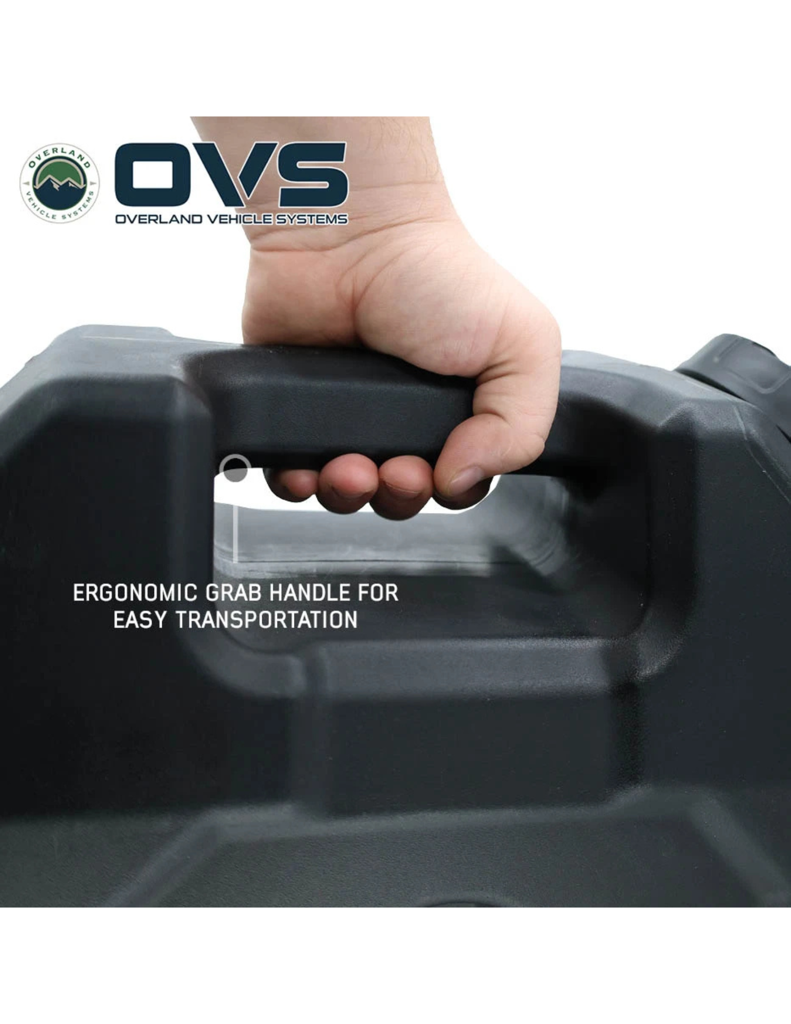 Ergonomic grab handle on OVS portable water tank for easy transport while camping or overlanding
