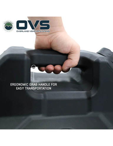 Ergonomic grab handle on OVS portable water tank for easy transport while camping or overlanding